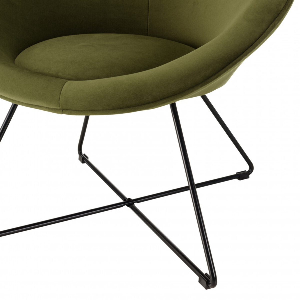 ALBANE - Fauteuil tissu velours vert olive pieds croisés métal noir