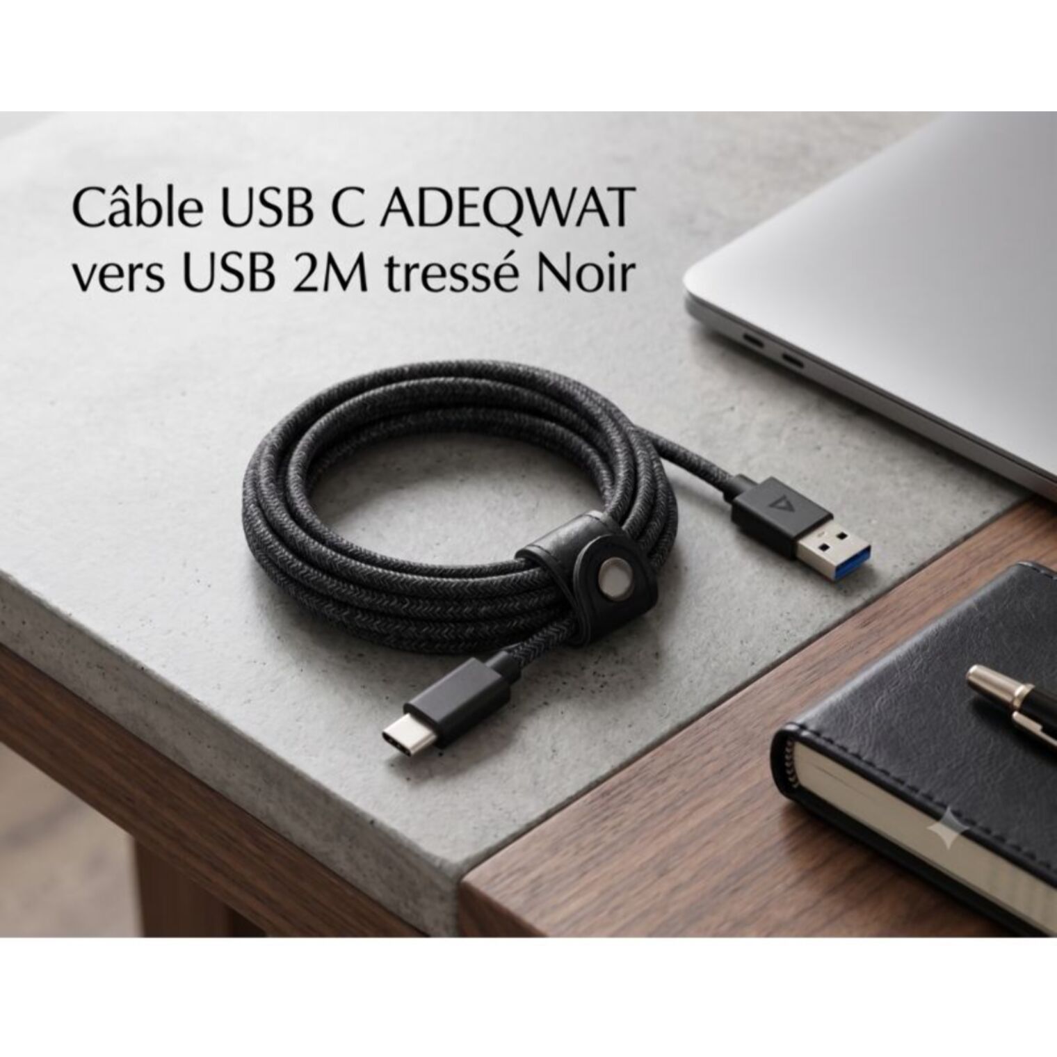 Câble USB C ADEQWAT vers USB 2M tressé Noir compatible iPhone 17 16 15 Pro Max et Samsung Galaxy S25 S24 Ultra