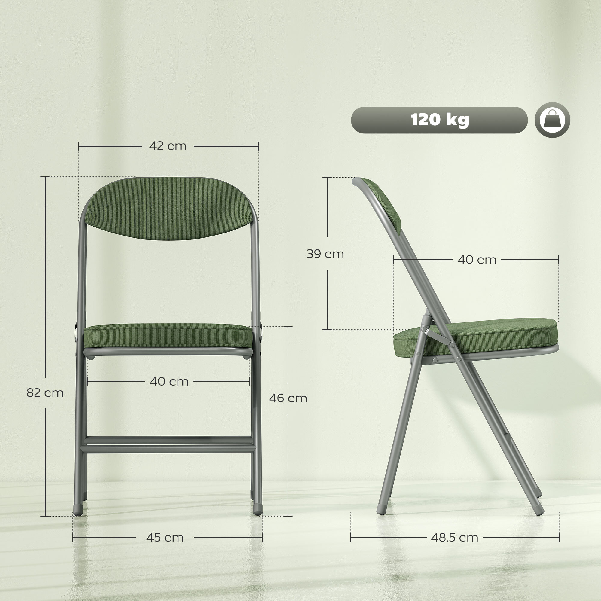 Lot de 4 chaises pliantes acier velours côtelé vert