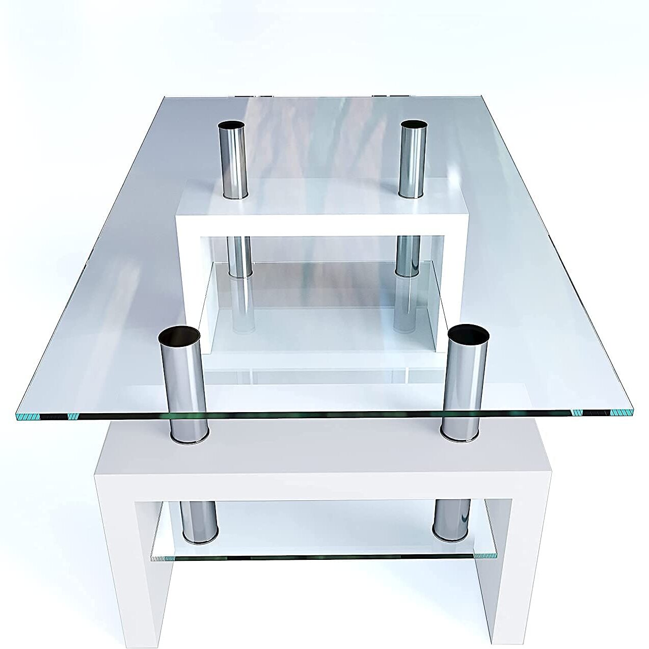 Tavolino Basso Rettangolare Salotto In Vetro E Legno MDF Soggiorno Salone Sala Pranzo Tavolo Caffè Ripiano Moderno Elegante Bianco 100 x 60 x 45 cm