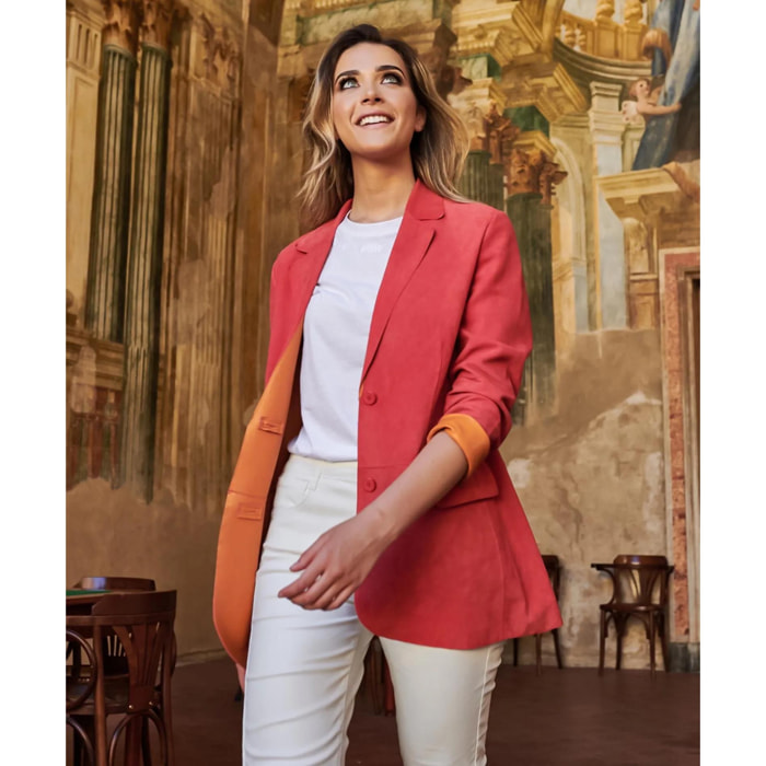 Giacca blazer in pelle scamosciata colore corallo