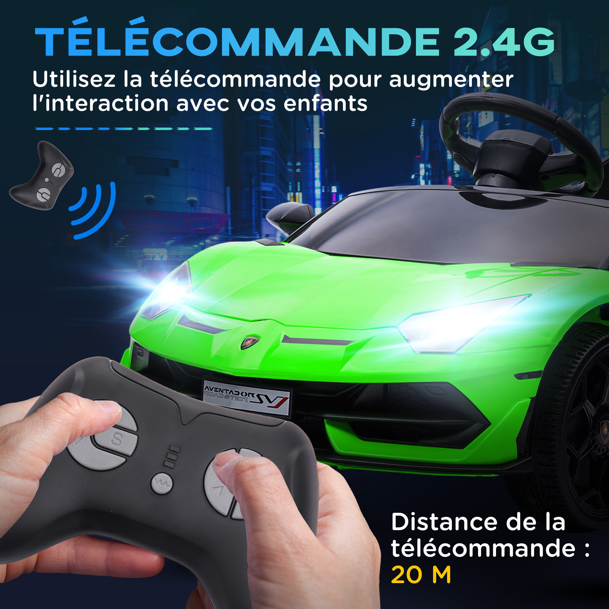 Voiture électrique enfant licence Lamborghini Aventador roadster SVJ télécommande effets sonores lumineux vert