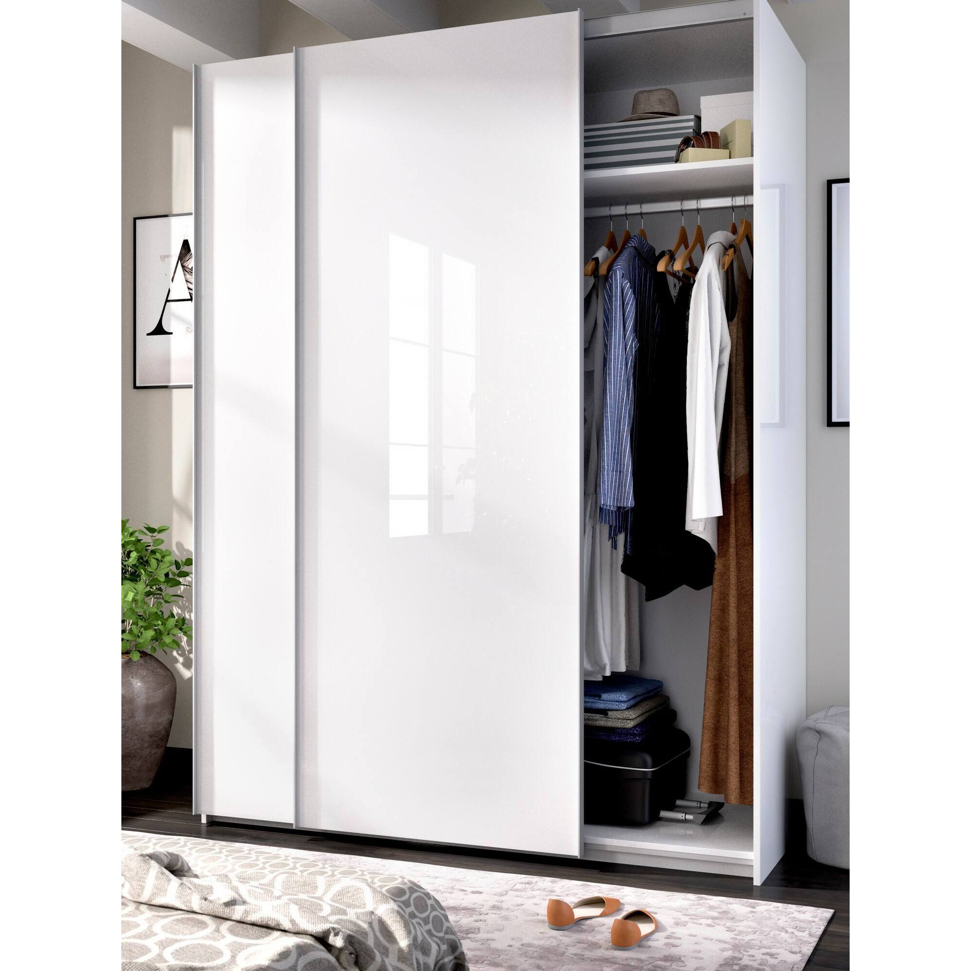 Guardaroba Nuptse, Mobile appendiabiti per camera da letto, Armadio a 2 ante scorrevoli, 150x65h204 cm, Bianco