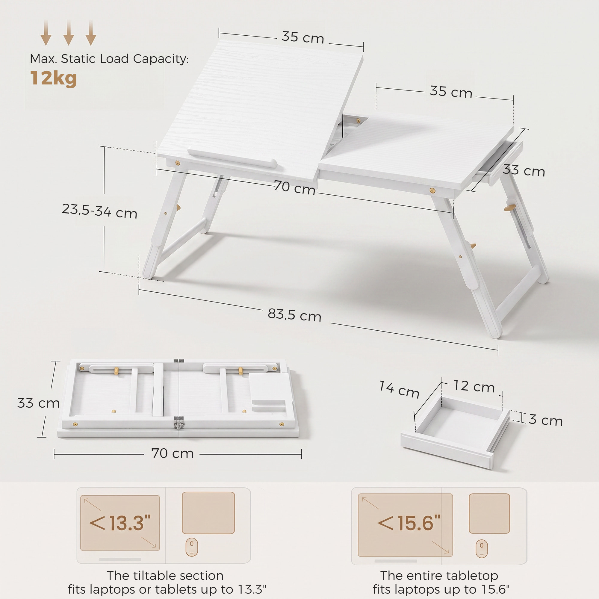 Table de lit pliable réglable pour ordinateur - plateau inclinable, tiroir - bois bambou MDF blanc