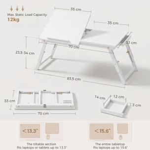 Table de lit pliable réglable pour ordinateur - plateau inclinable, tiroir - bois bambou MDF blanc