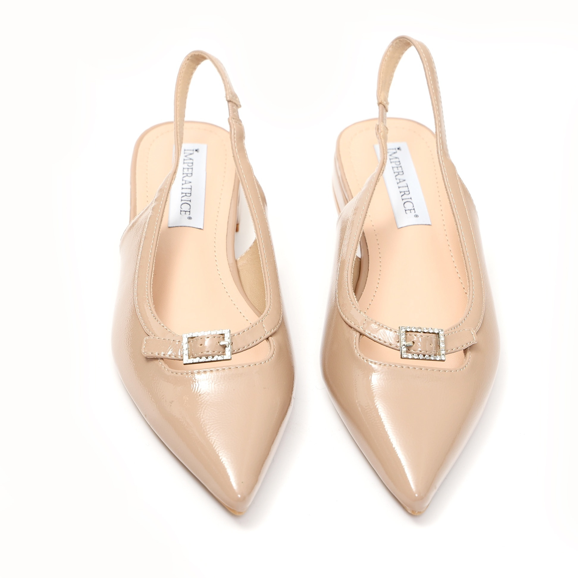 Ballerine slingback in simil pelle verniciata con fibbiatta strass