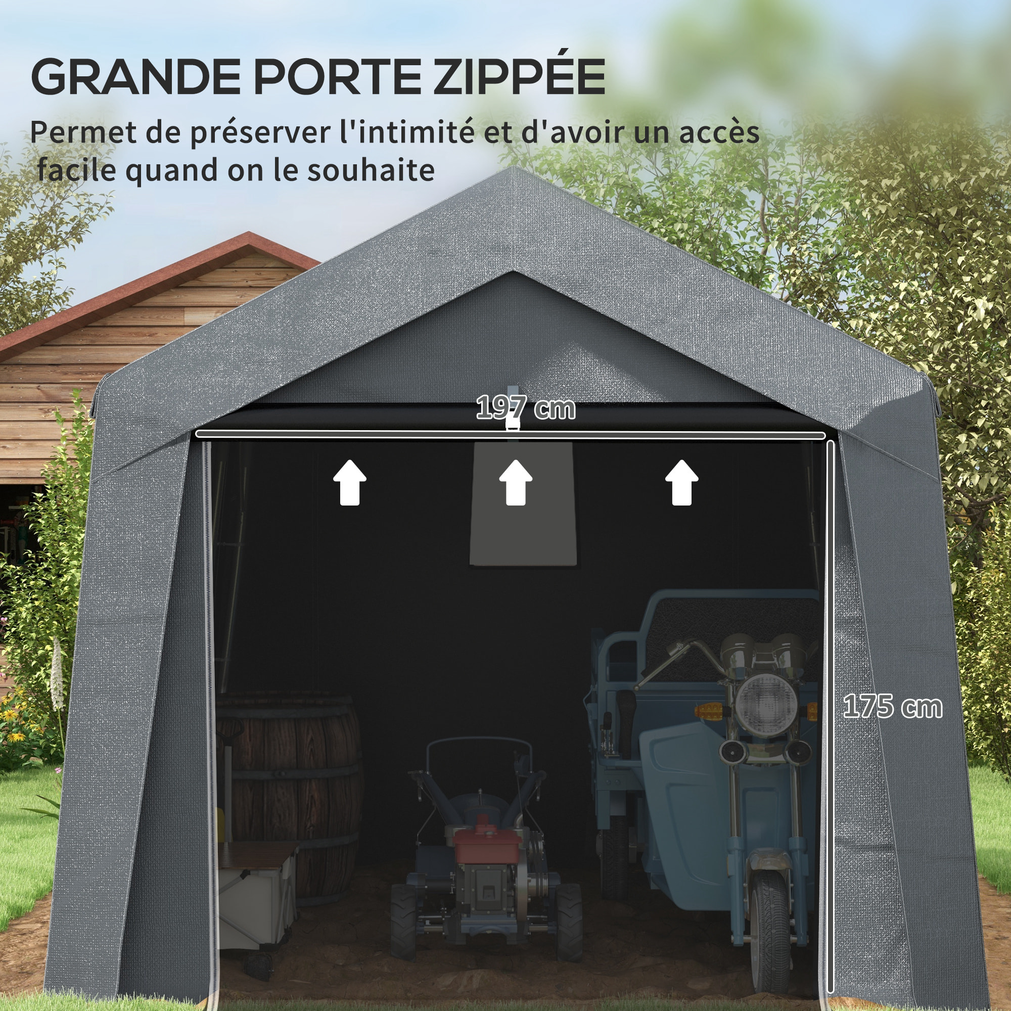 Abri de jardin, tente de stockage, 3 x 3 m, imperméable et anti-UV, cadre en acier galvanisé et grande porte, abri de vélo garage pour extérieur, gris foncé