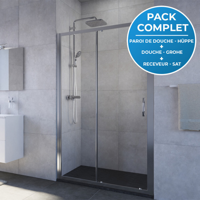 Pack douche : Porte coulissante 120cm + Colonne de douche avec mitigeur thermostatique + Receveur 120x80cm Noir