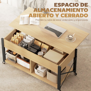 Mesa de Centro Elevable con Ruedas, Mesita de Salón con Compartimento Oculto, Estantes Abiertos, Mesa de Café para Comedor, Oficina, 105x50x67 cm, Madera Natural y Blanco