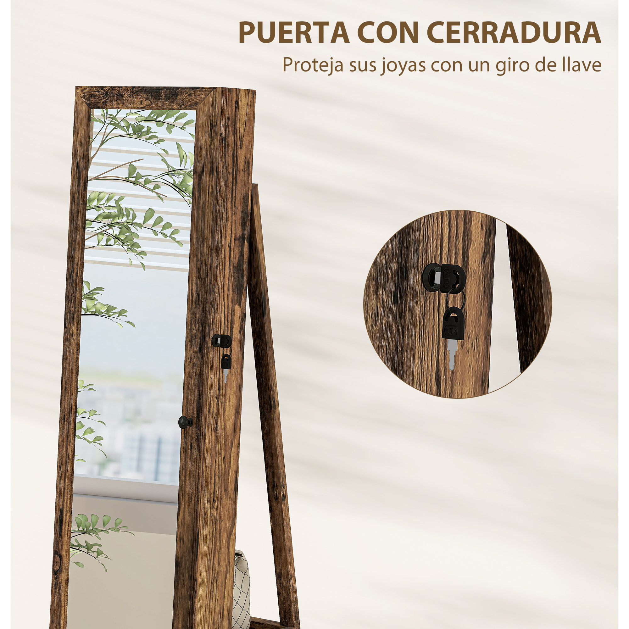 Espejo Joyero de Pie, Armario para Joyas Giratorio 360°, Armario Joyero con Cerradura, Llaves, Estantes Posteriores y Espejo Pequeño Incorporado, para Dormitorio y Vestidor, Marrón Rústico