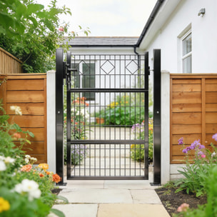 Puerta de Jardín 100x131 cm, Puerta para Valla de Barra de Metal Galvanizado con Manilla, Cerradura, 3 Llaves y 2 Postes, para Entrada de Exterior, Terraza, Patio, Gris Oscuro