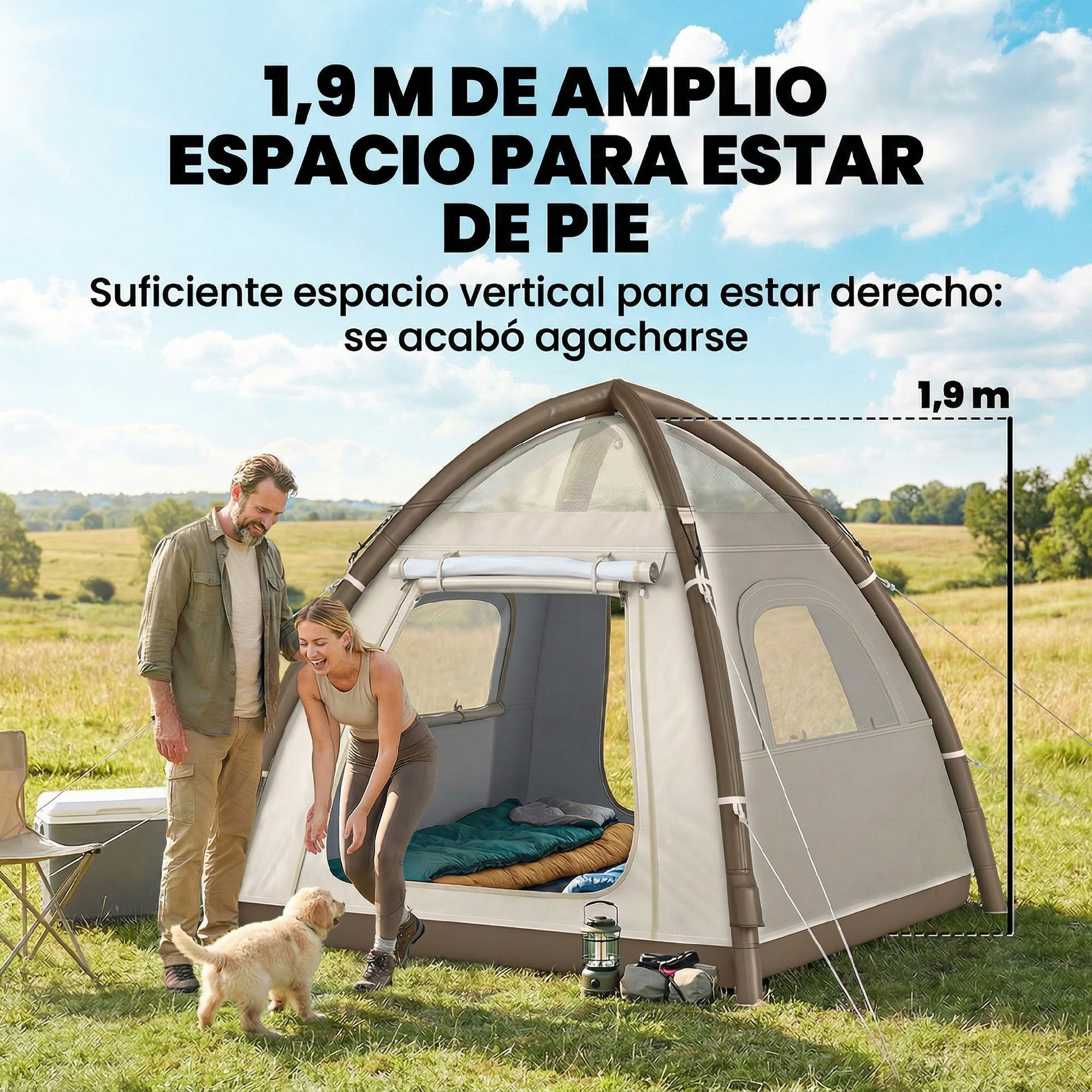 Tienda de Campaña Inflable con Mosquitera para 3–4 Personas Tienda de Campaña con Vestíbulo Bomba UPF30+ Puertas Bolsa Transporte Montaje Rápido Tela Oxford Cubierta Impermeable 3000 mm