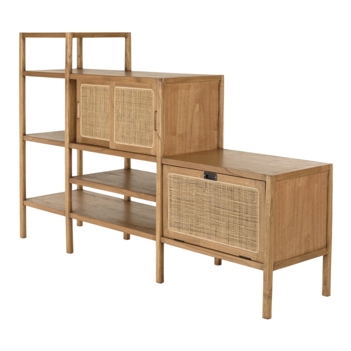 AMY - Bibliothèque en escalier en bois de mindi et rotin naturel AMY