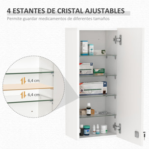 Botiquín de Pared de Primeros Auxilios, Botiquín de Medicinas de 5 Niveles con Estantes Ajustables de Vidrio, Cerradura y 2 Llaves, para Baño, Cocina, 30x20x70 cm, Blanco