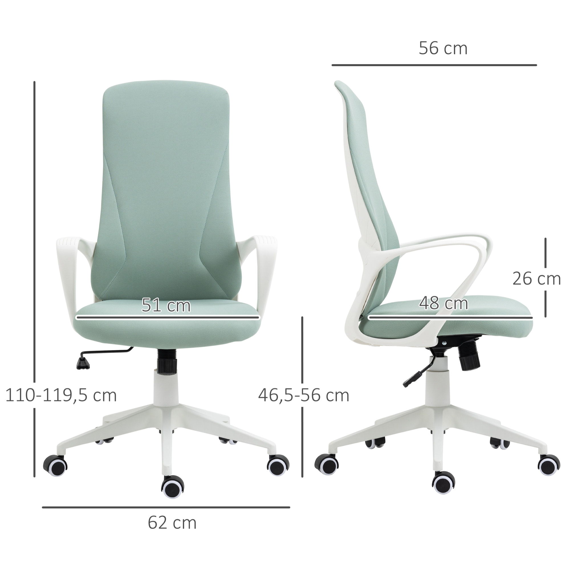 Fauteuil de Bureau ergonomique avec accoudoirs et roulettes pivotant - Fonction Inclinaison et Hauteur réglable dim. 62L x 56l x 119,5H cm - Vert