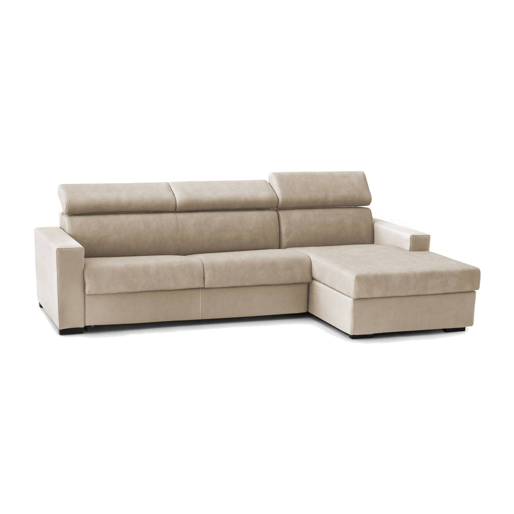 Divano Letto Alceste, Divano ad angolo, 100% Made in Italy, Sofà con apertura girevole, con Penisola contenitore Destra, con Braccioli slim, Cm 260x95h85, Beige