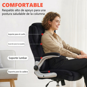 Silla de escritorio Ergonómica, Silla de Oficina con Respaldo Alto, Reposabrazos Abatibles, Asiento con Muelles, Altura Ajustable, Función Basculante, Tapizado en Terciopelo, Negro