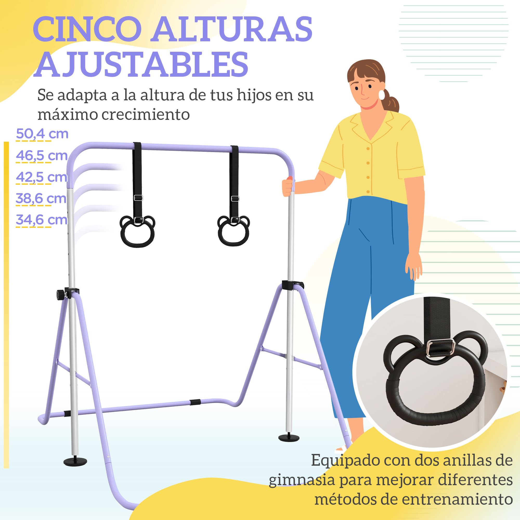 Barra de Gimnasia para Niños con Altura Ajustable en 5 Niveles y Anillos, Barra de Entrenamiento de Gimnasia Plegable en Casa, Púrpura