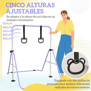 Barra de Gimnasia para Niños con Altura Ajustable en 5 Niveles y Anillos, Barra de Entrenamiento de Gimnasia Plegable en Casa, Púrpura