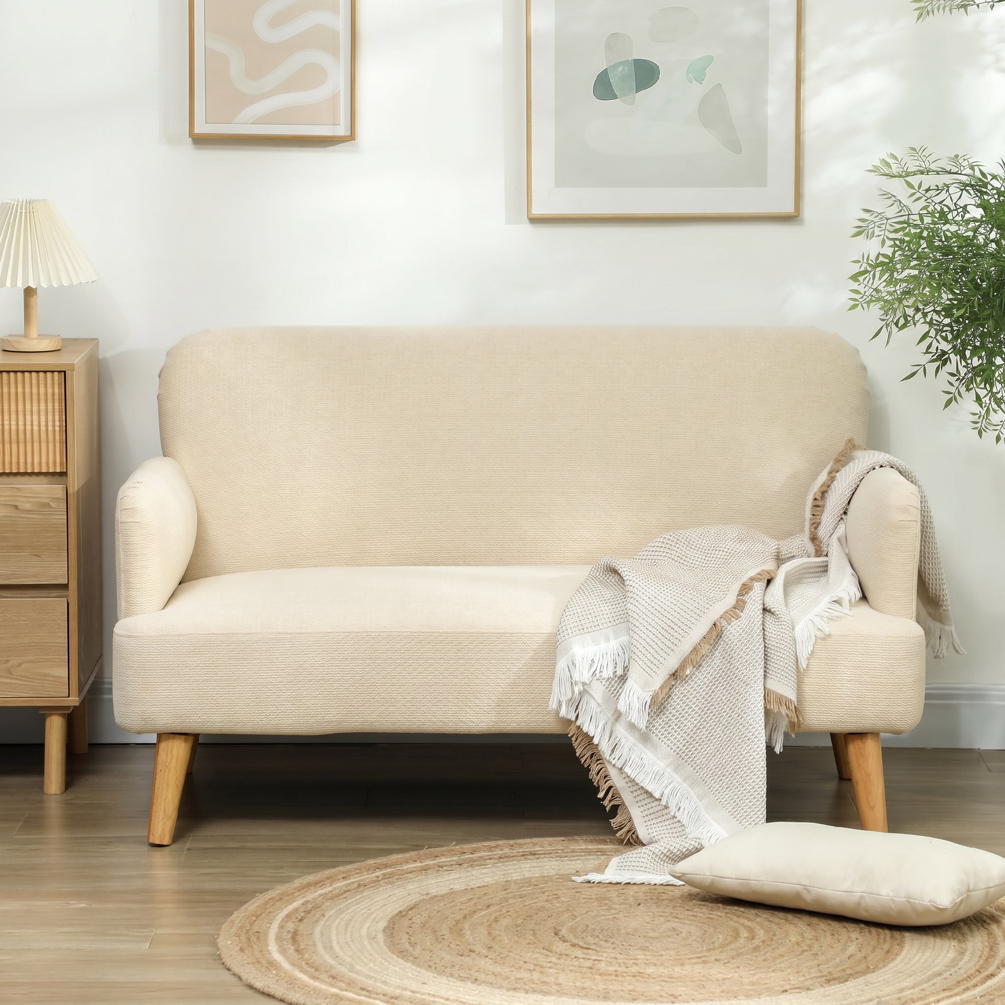 Sofá de 2 Plazas de 140 cm, Sofá de Salón Compacto, Tapizado en Terciopelo, Patas de Madera de Caucho, para Sala de Estar, Dormitorio u Oficina, Blanco