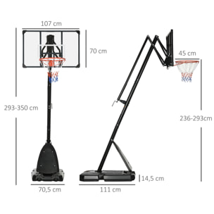 Canasta de Baloncesto con Altura Ajustable 293-350 cm Aro de Baloncesto con Ruedas Tablero de Rebote Base Rellenable para Exterior 111x70,5x293-350 cm Negro