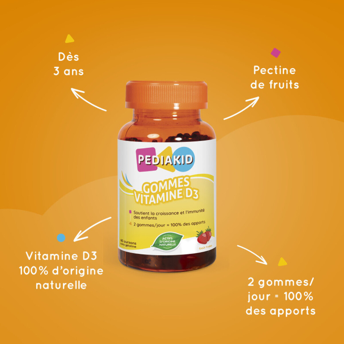 PEDIAKID - Gommes Vitamine D3 - Renforcement des défenses naturelles - Croissance & résistance - Dès 3 ans - Goût Fraise - Couvre 100% des apports journaliers recommandés - Lot de 3 Piluliers