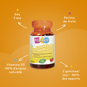 PEDIAKID - Gommes Vitamine D3 - Renforcement des défenses naturelles - Croissance & résistance - Dès 3 ans - Goût Fraise - Couvre 100% des apports journaliers recommandés - Lot de 3 Piluliers