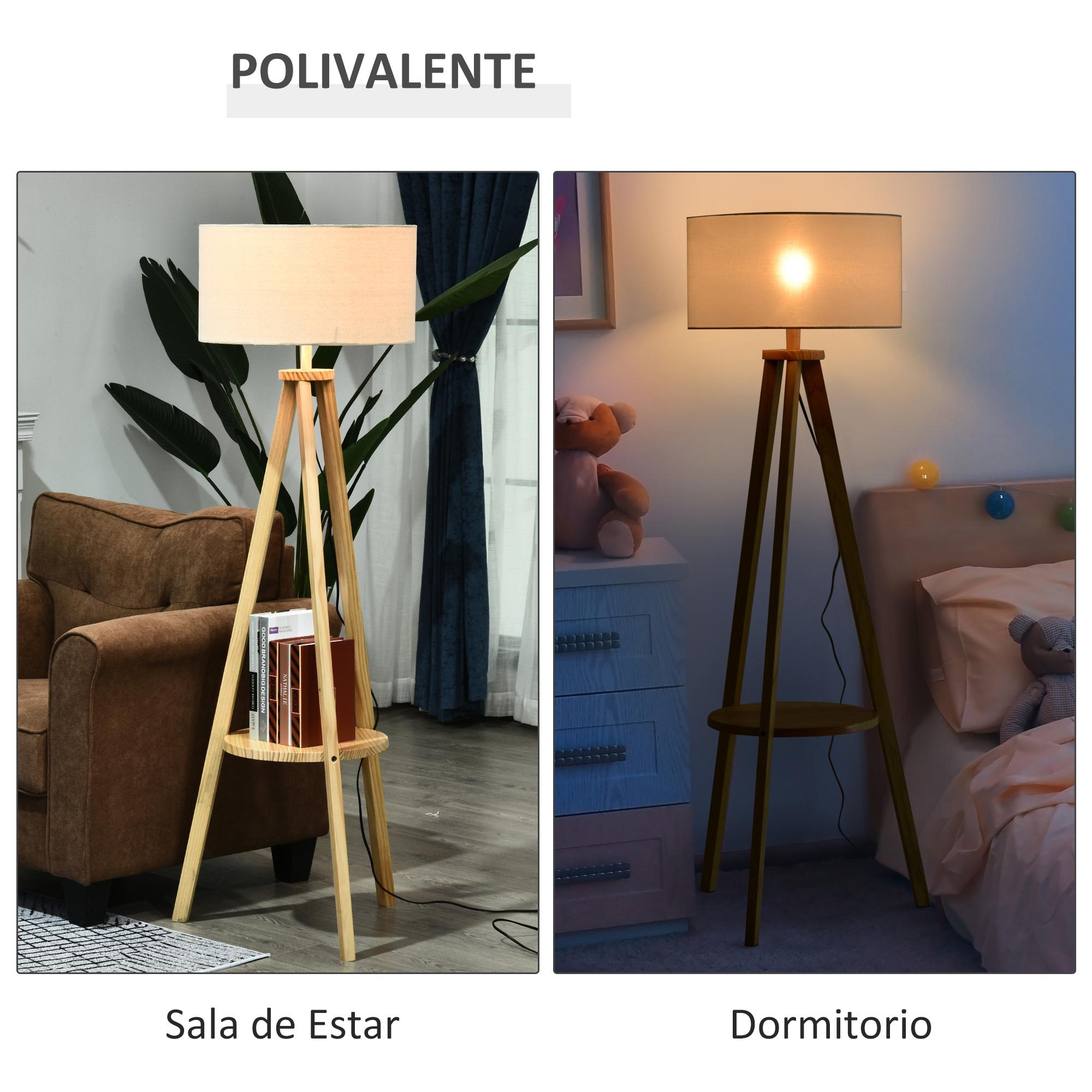 Lámpara de Pie con Mesita Trípode para Dormitorio de Madera