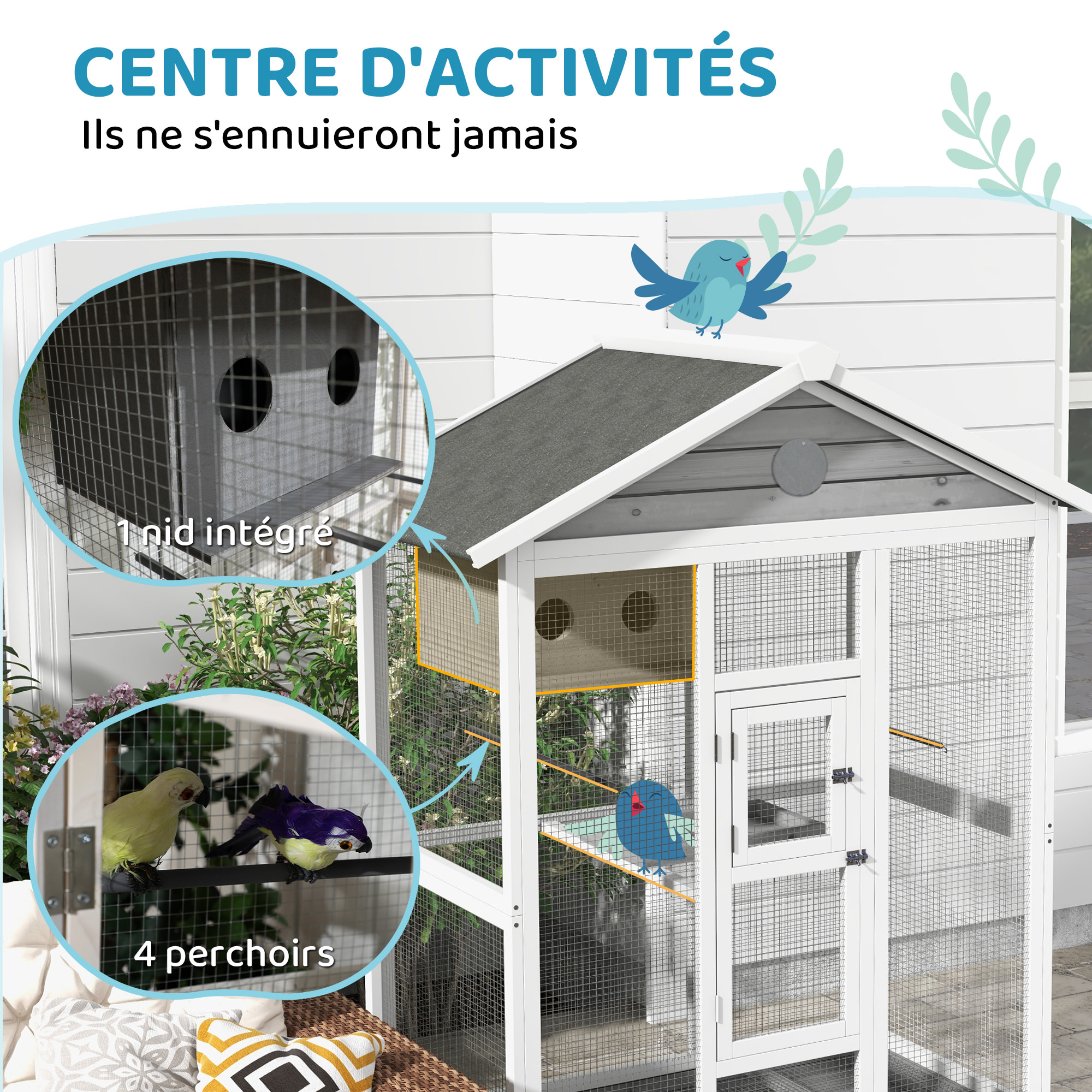 Cage oiseau grande taille - volière à oiseaux dim. 112 x 68 x 154 cm - nombreux accessoires - métal bois blanc gris noir