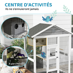 Cage oiseau grande taille - volière à oiseaux dim. 112 x 68 x 154 cm - nombreux accessoires - métal bois blanc gris noir