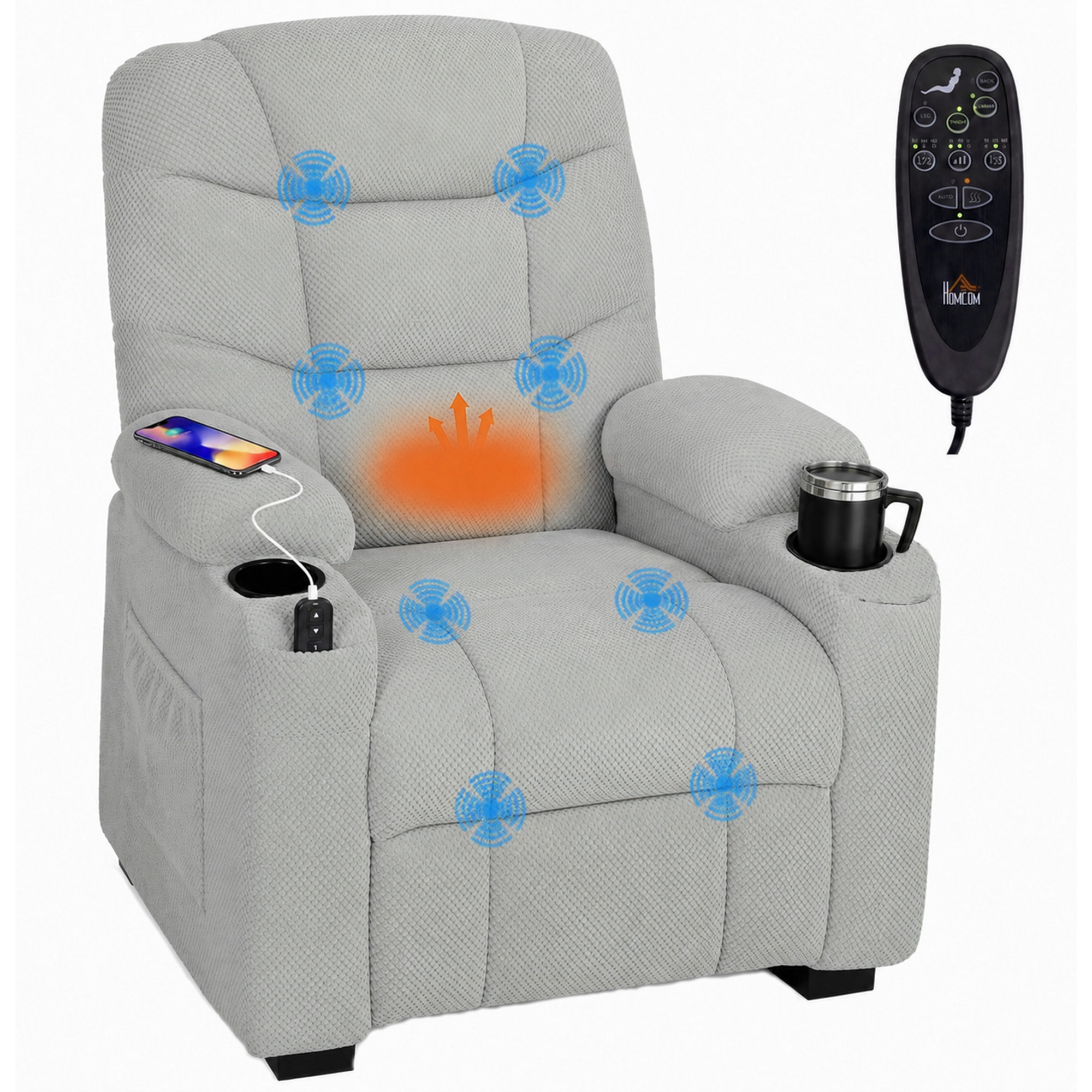 Sillón Relax Reclinable Eléctrico con Calor Lumbar y Masaje Vibración, Sillón Masaje Relax, Motor Silencioso, Función Memoria, Asiento Ancho, Bolsillos, Portavasos, USB, Tela Terciopelo, Gris