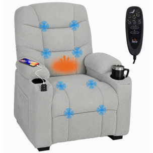 Sillón Relax Reclinable Eléctrico con Calor Lumbar y Masaje Vibración, Sillón Masaje Relax, Motor Silencioso, Función Memoria, Asiento Ancho, Bolsillos, Portavasos, USB, Tela Terciopelo, Gris