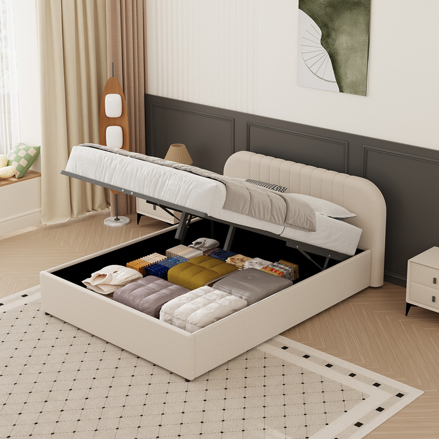 Lit avec coffre de rangement 140x190cm en velours beige MASON