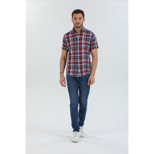 Camicia Uomo 1 Bottone Button Down Manica Corta Slim Lino Quadro Grande Rosso Verde Ottanio