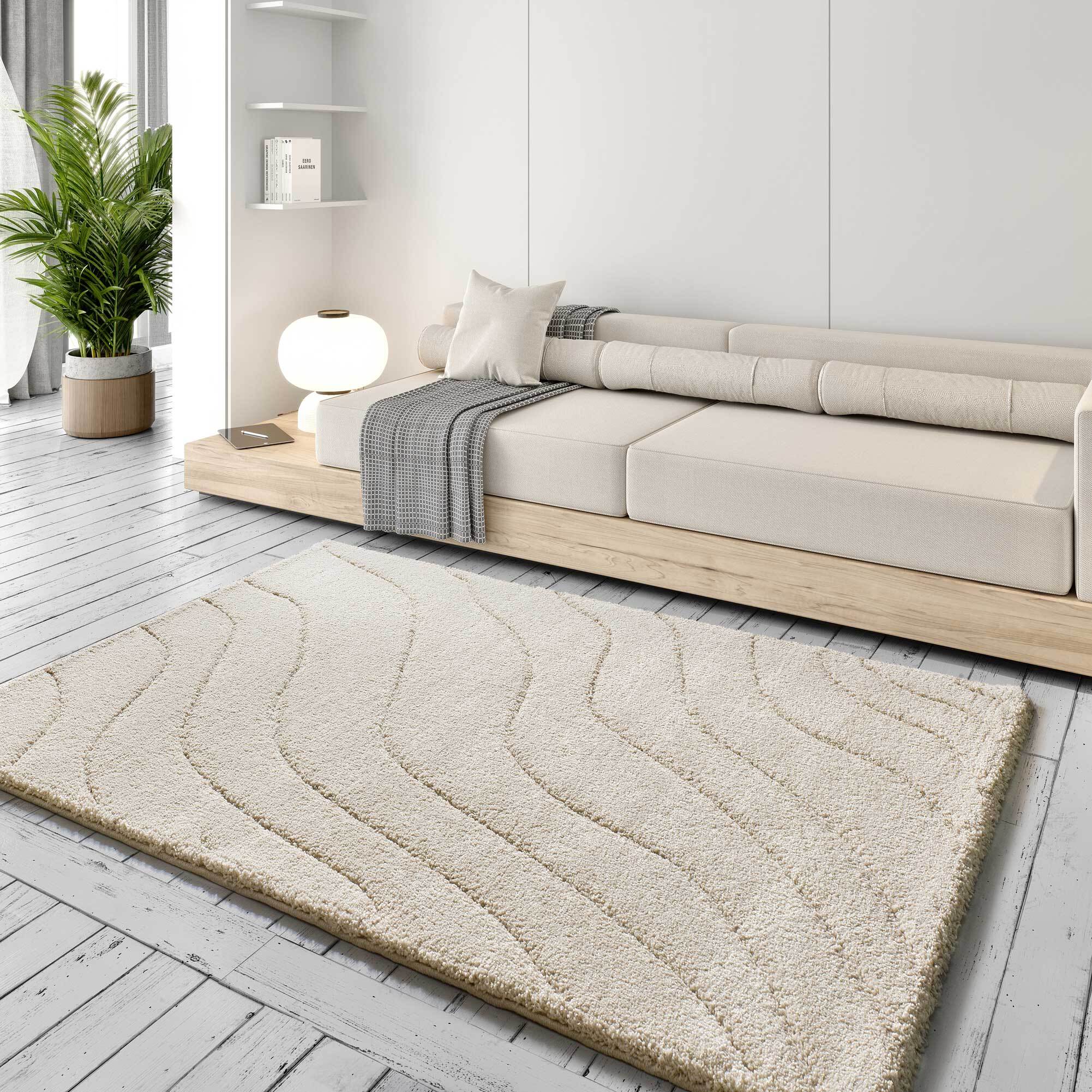 MOLIER Alfombra shaggy con formas abstractas en blanco, varias medidas disponibles.