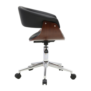 Chaise de bureau à roulettes design noire, bois foncé et acier chromé OKTAV