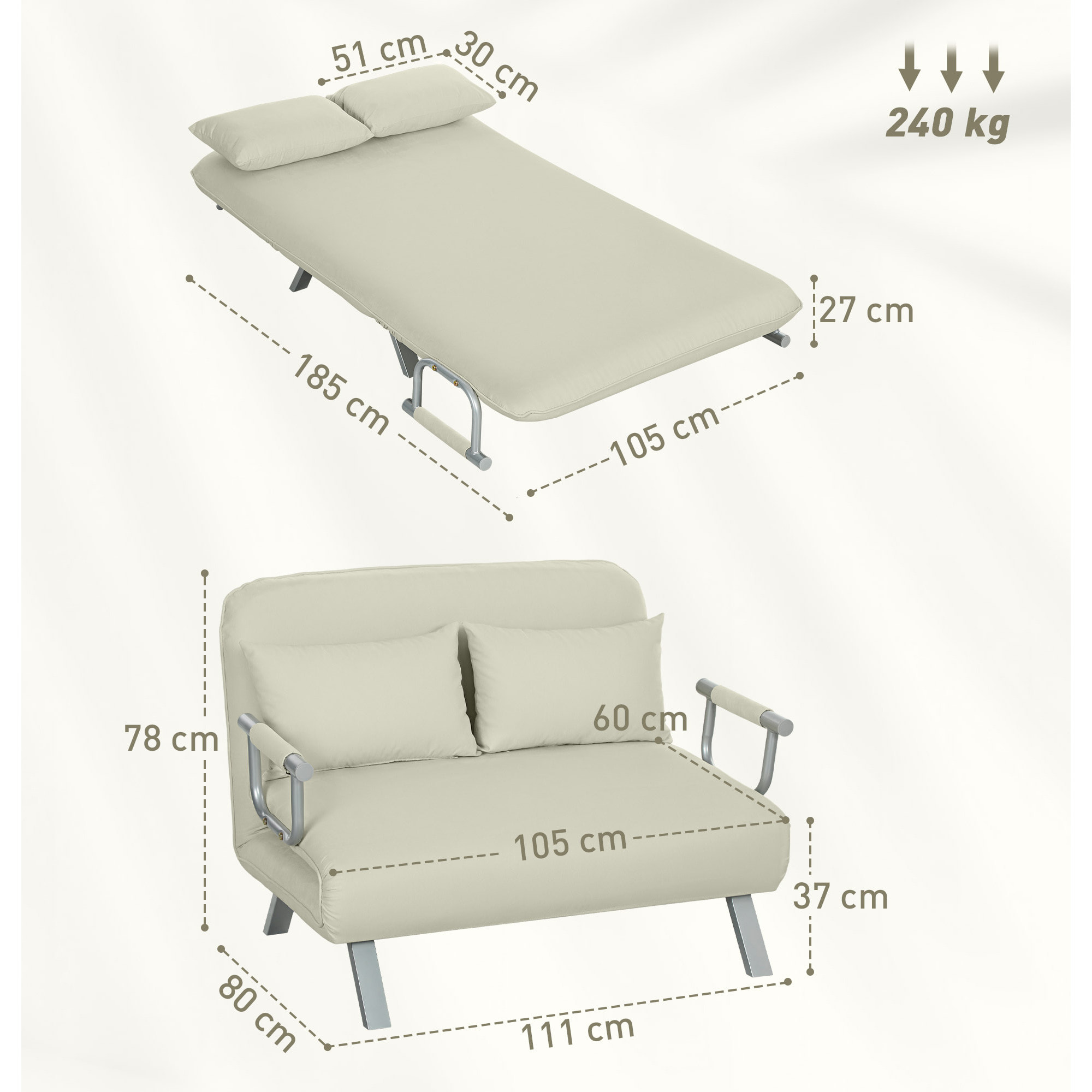 Sofá Cama de 2 Plaza 2 en 1, Sillón Cama Plegable Tapizado en Ante Sintético, con Respaldo Ajustable en 5 Niveles y 2 Almohadas Acolchadas, para Oficina, Dormitorio, Salón, 111x80x78 cm, Crema