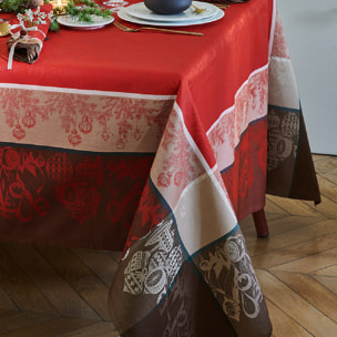 Nappe anti tache pur coton jacquard Couronne de noel rouge