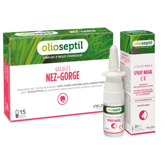 OLIOSEPTIL - Duo Nez-Gorge - Assainit le système respiratoire - Apaise la gorge  - Soulage la congestion nasale - 1 étui de 15 gélules végétales + 1 flacon spray de 20 ml