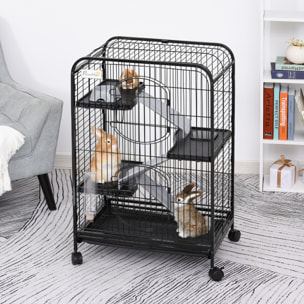 PawHut Cage pour Petits Animaux Roulante 3 Rampes 3 Plates-formes Plat et Bouteille d'Eau Bac Inférieur Amovible Acier PP Noire