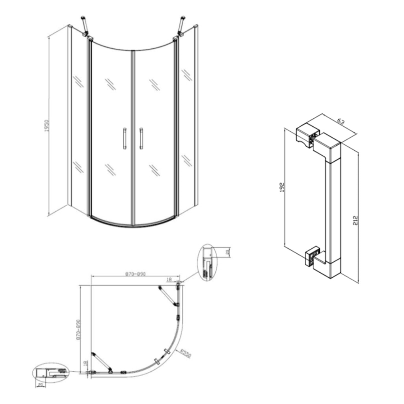 Set Porte de douche 90x195 cm transparente + 2x Poignée pour porte de douche, chrome (SATFUSP90CRT-SET)