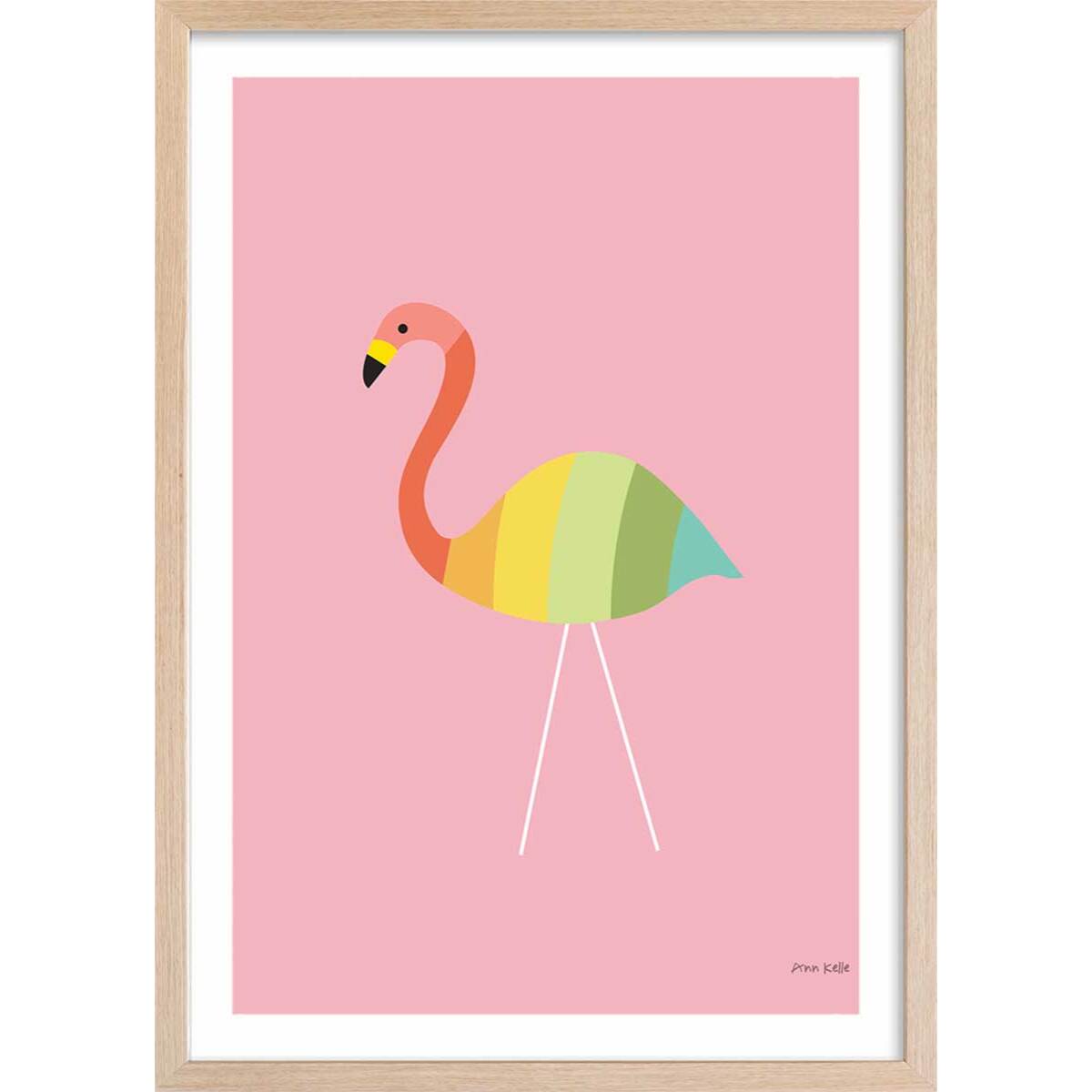 Affiche enfant flamant citron  Affiche + cadre en bois - Chêne