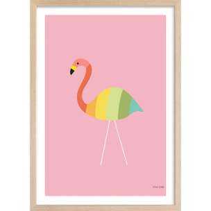 Affiche enfant flamant citron  Affiche + cadre en bois - Chêne