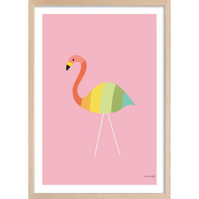 Affiche enfant flamant citron  Affiche + cadre en bois - Chêne