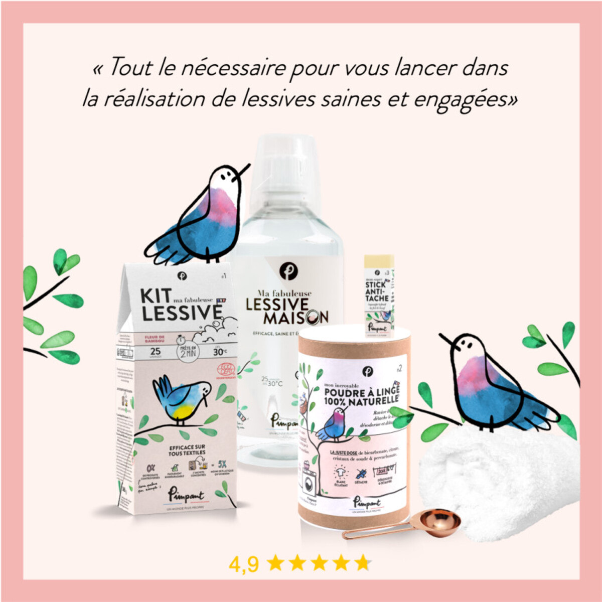 Pimpant - Coffret découverte: 1 kit lessive, 1 bouteille, 1 poudre à linge, 1 cuillère doseus