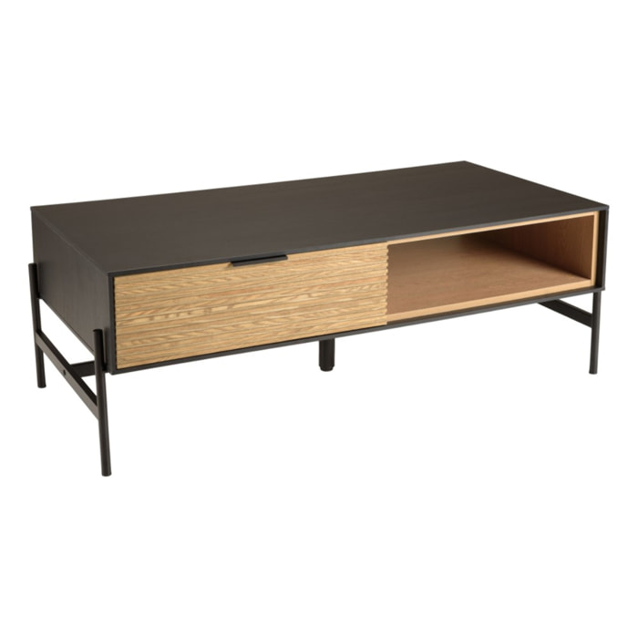 CHARLIE - Table basse marron et noire 2 tiroirs 1 niche Pin pieds métal