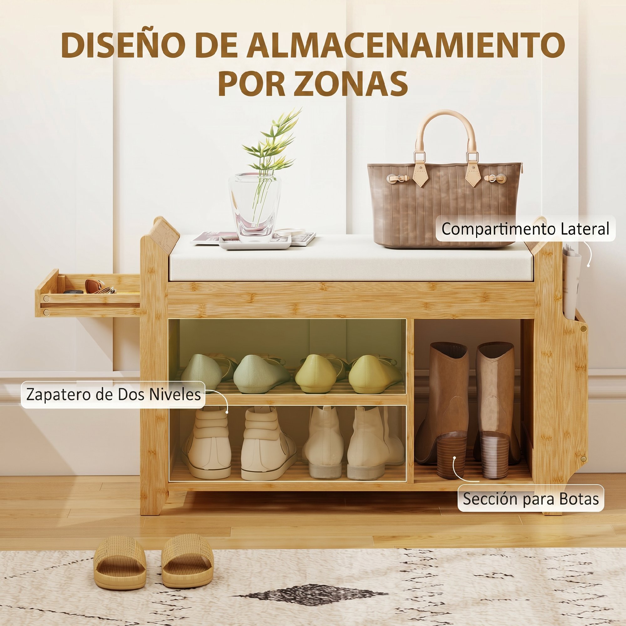Banco Zapatero, Banco Recibidor con Asiento Acolchado, Almacenamiento Lateral, Estante para Botas, Marco de Bambú, para Entrada, Pasillo, Salón, 80x30x50 cm, Natural y Beige