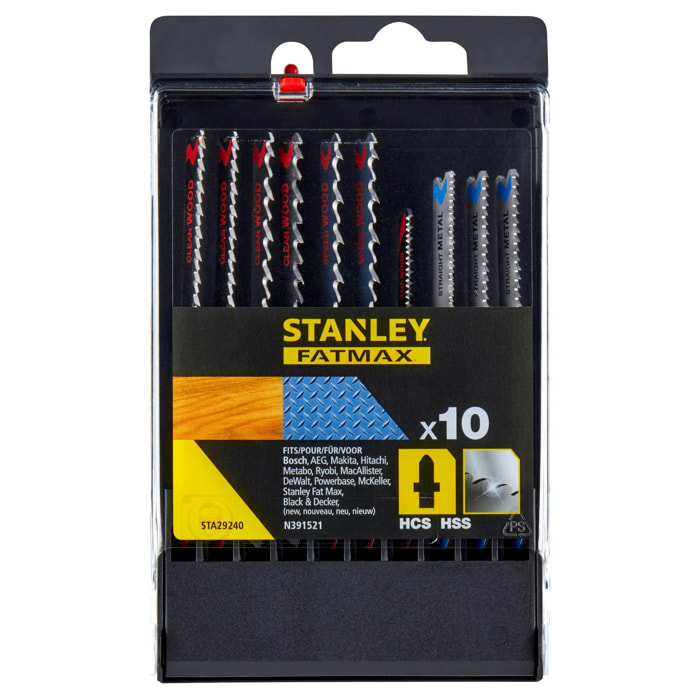 Stanley Coffret de 10 lames de scie sauteuse : 7 lames bois HCS et 3 lames métal HSS. Attache en T STA29240-XJ
