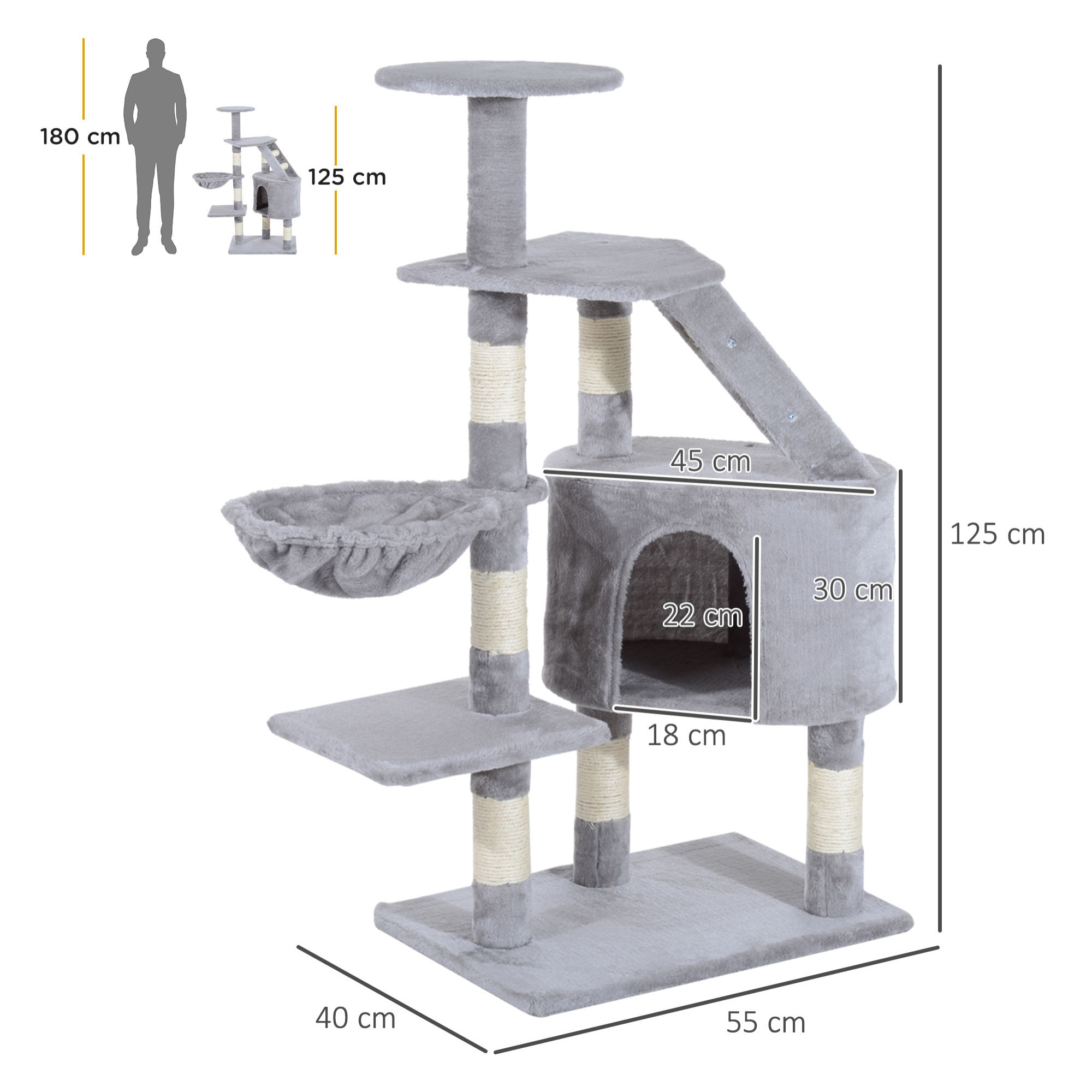 Rascador Árbol para Gatos de Felpa 55x40x125cm Gris