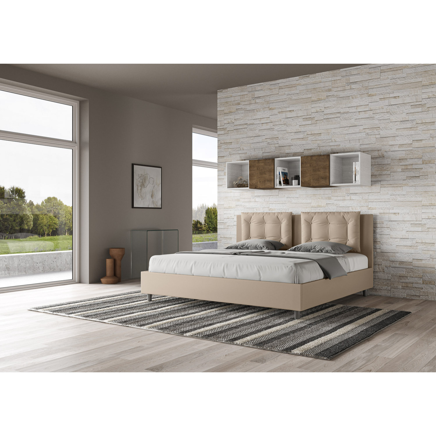 Lit king size coffre rembourré 180x210 similicuir taupe Annalisa